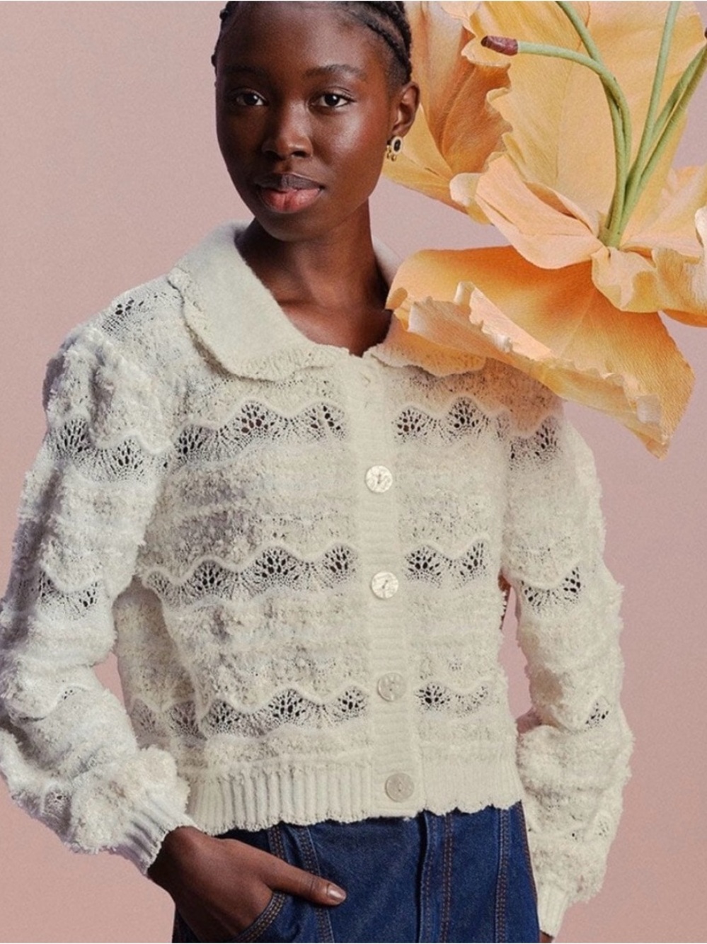 NWOT! Pristine FARM Rio Cream Textured Knit Button-Up Cardigan